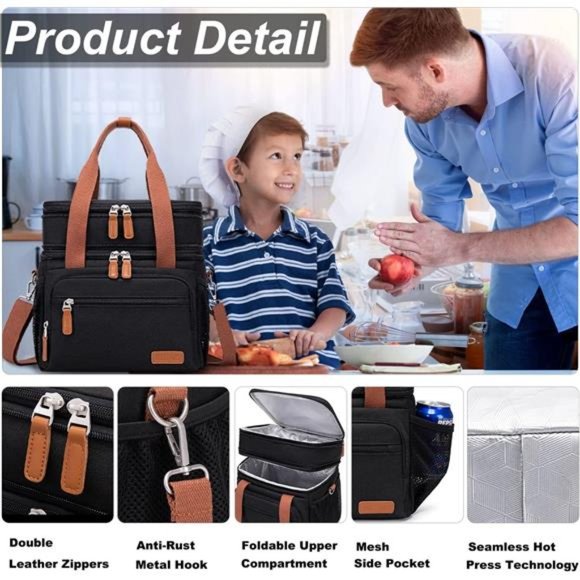 Lunch Bag For Women Men-Dual Compartment Large Lunch Box For Men (15L, Black) - Picture 5 of 7